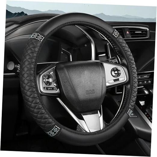 Bling Car Steering Wheel Cover, 15 Inch Rhinestones Soft Leather Elastic Black