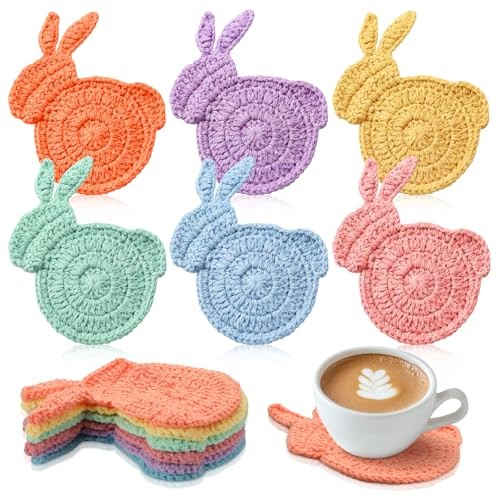 6 Pcs Easter Bunny Crochet Coaster Set 5.1 x 6.7 Inch Rabbit Rabbit with Basket