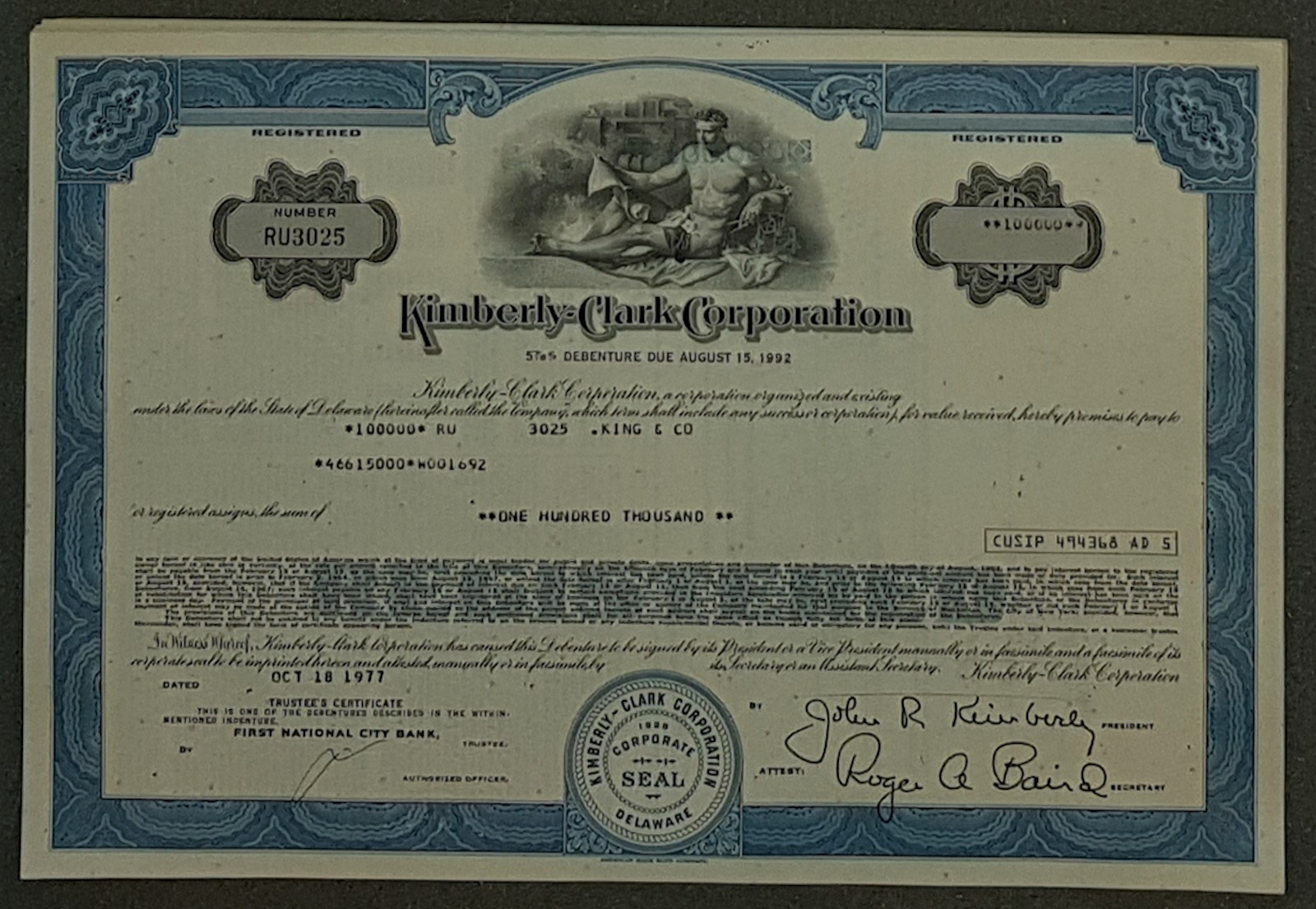25 x Kimberly-Clark Corporation 5 7/8% Bond Due 1992 Div. NW over. $100,000