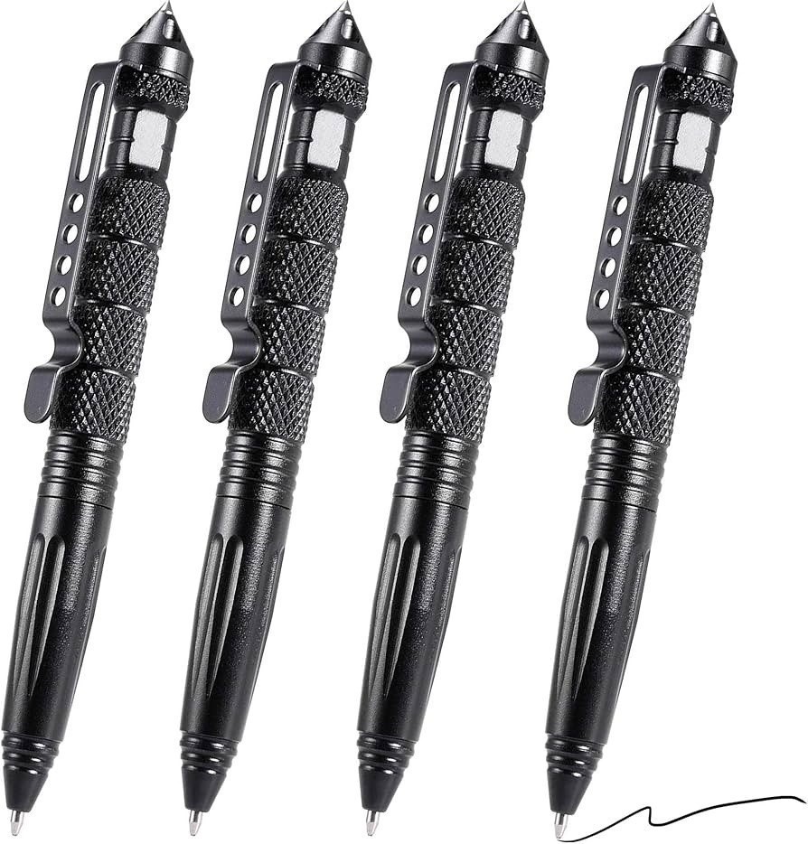 4 Pack Tactical Pens Aluminum Self Defense Tungsten Glass Breaker Writing Black