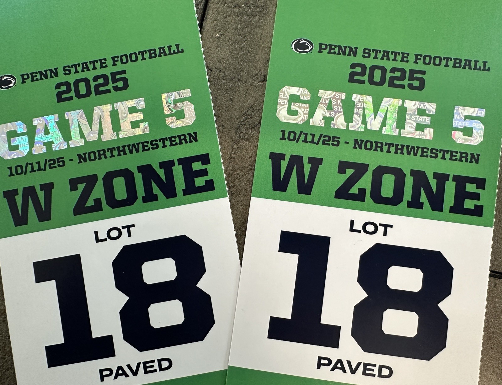 Amazing side-by-side Penn State v. Northwestern Premier Parking Passes In Lot 18