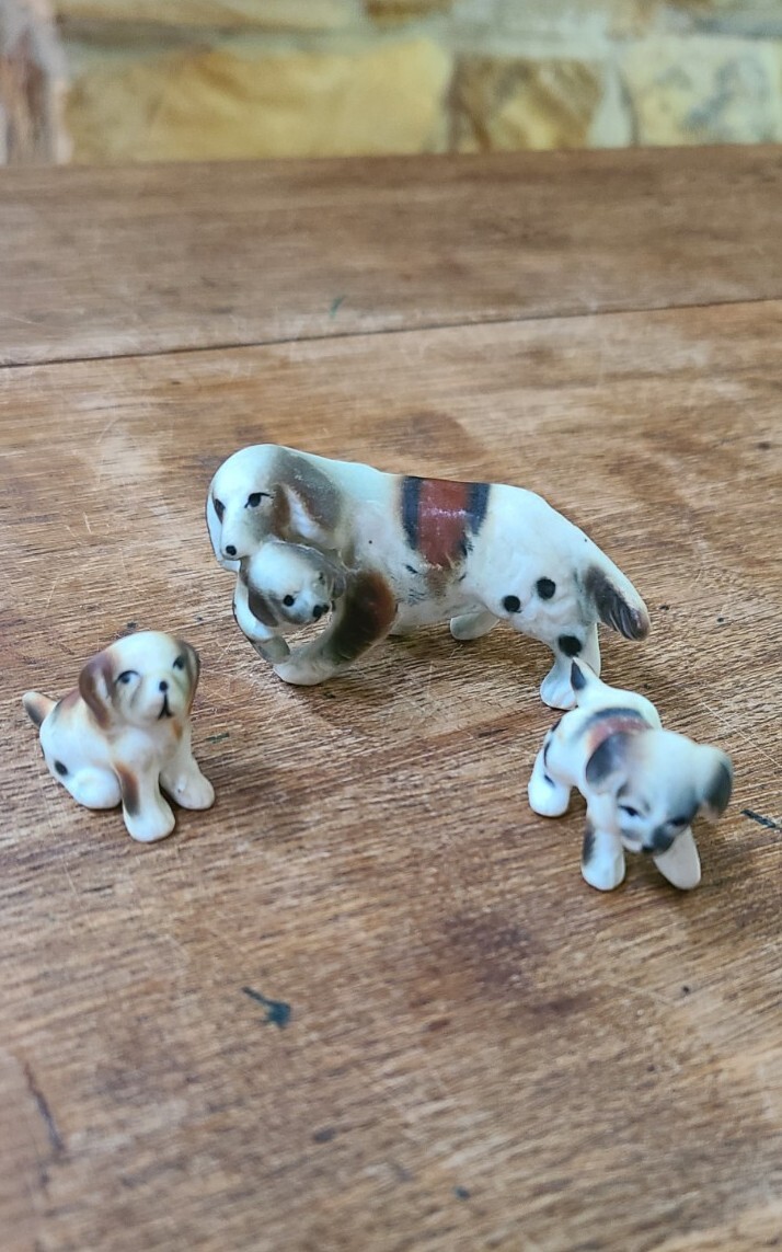 Lot of 3 Vintage Miniature Porcelain Dogs Mama Dog Holding Pup 2 Pups