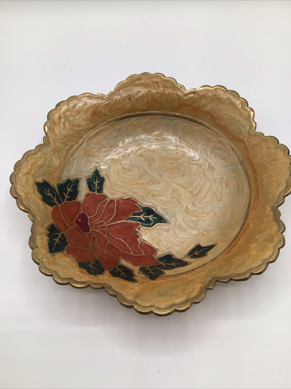 Brass Bowl Enamel Floral Pattern