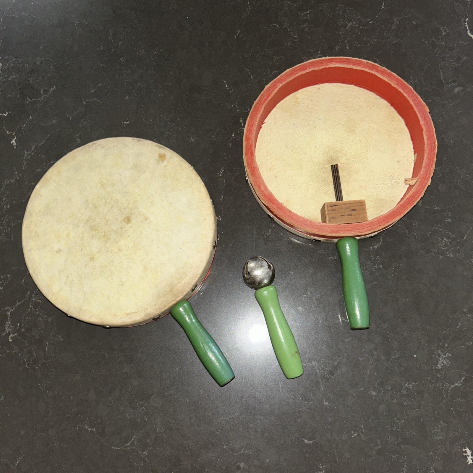 Vtg 2 Drums w/Green Wood Handle & Snare, Single Sleigh Bell w/Green Wood Handle