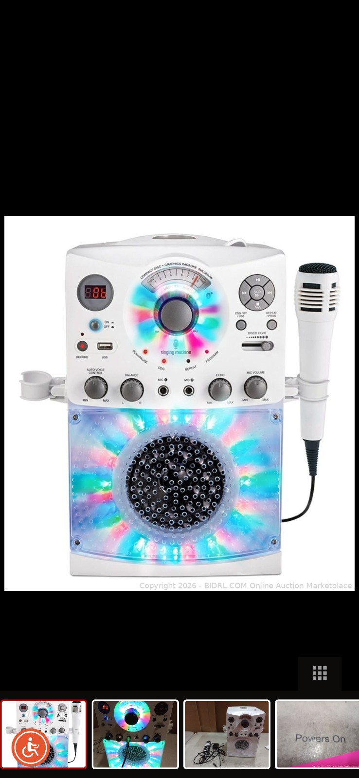 Singing Machine SML385UW Karaoke Player CD+G Disco Lights USB Microphone White