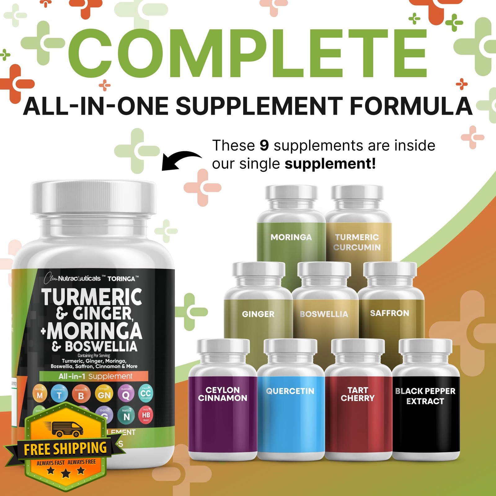 Turmeric Moringa Supplement 5 Pack, Ginger Boswellia Saffron Ceylon Cinnamon