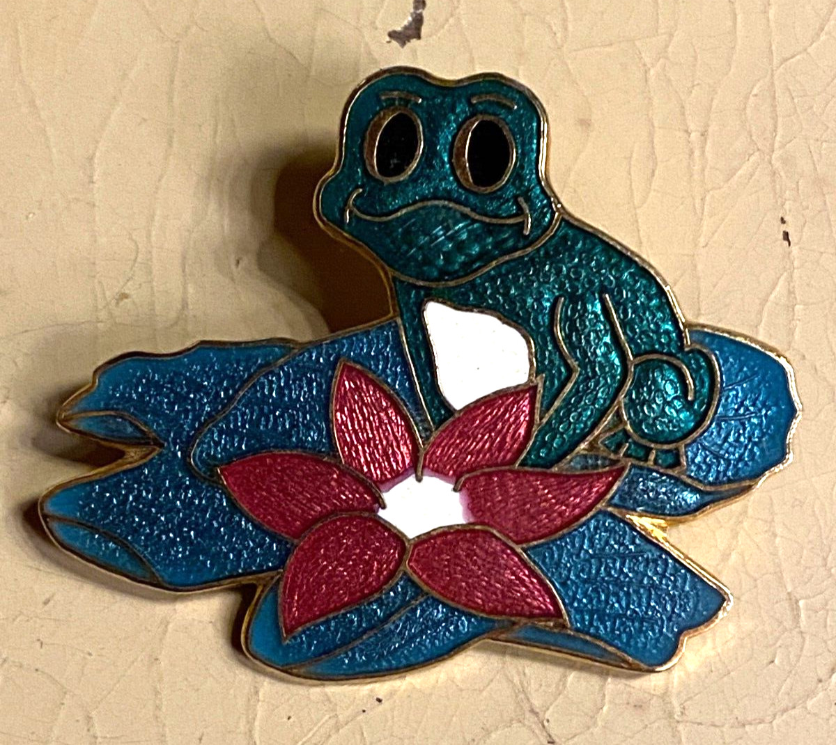 Vintage Enamel Frog Gold Tone Pin Brooch Signed 1 3/4"