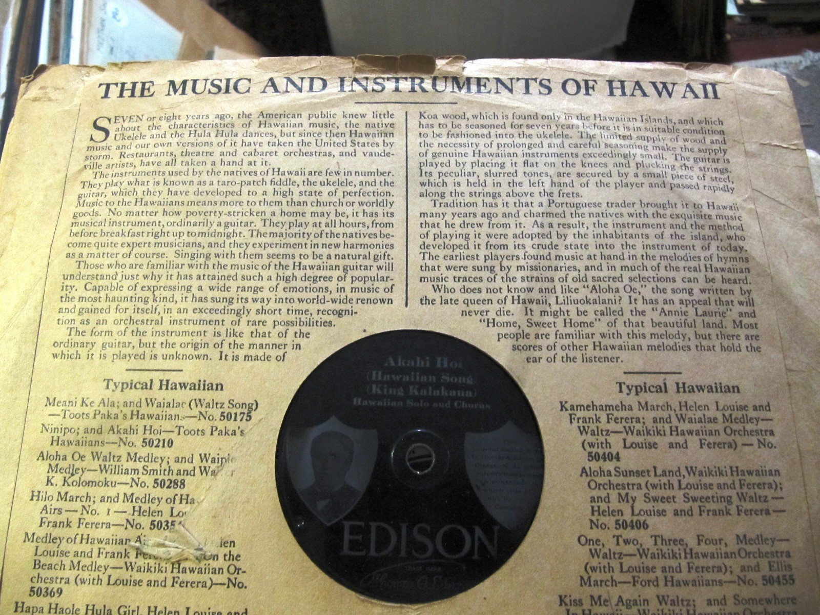 EDISON 50210 MUSIC OF HAWAII Sleeve 1914 Toots Paka's Hawaiians Akahi Hoi Ninipo