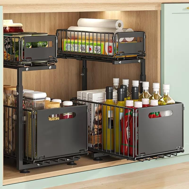 Under Sink Organizer with Adjustable Height, 2 Tier Pull Out Cabinet 2 Pack