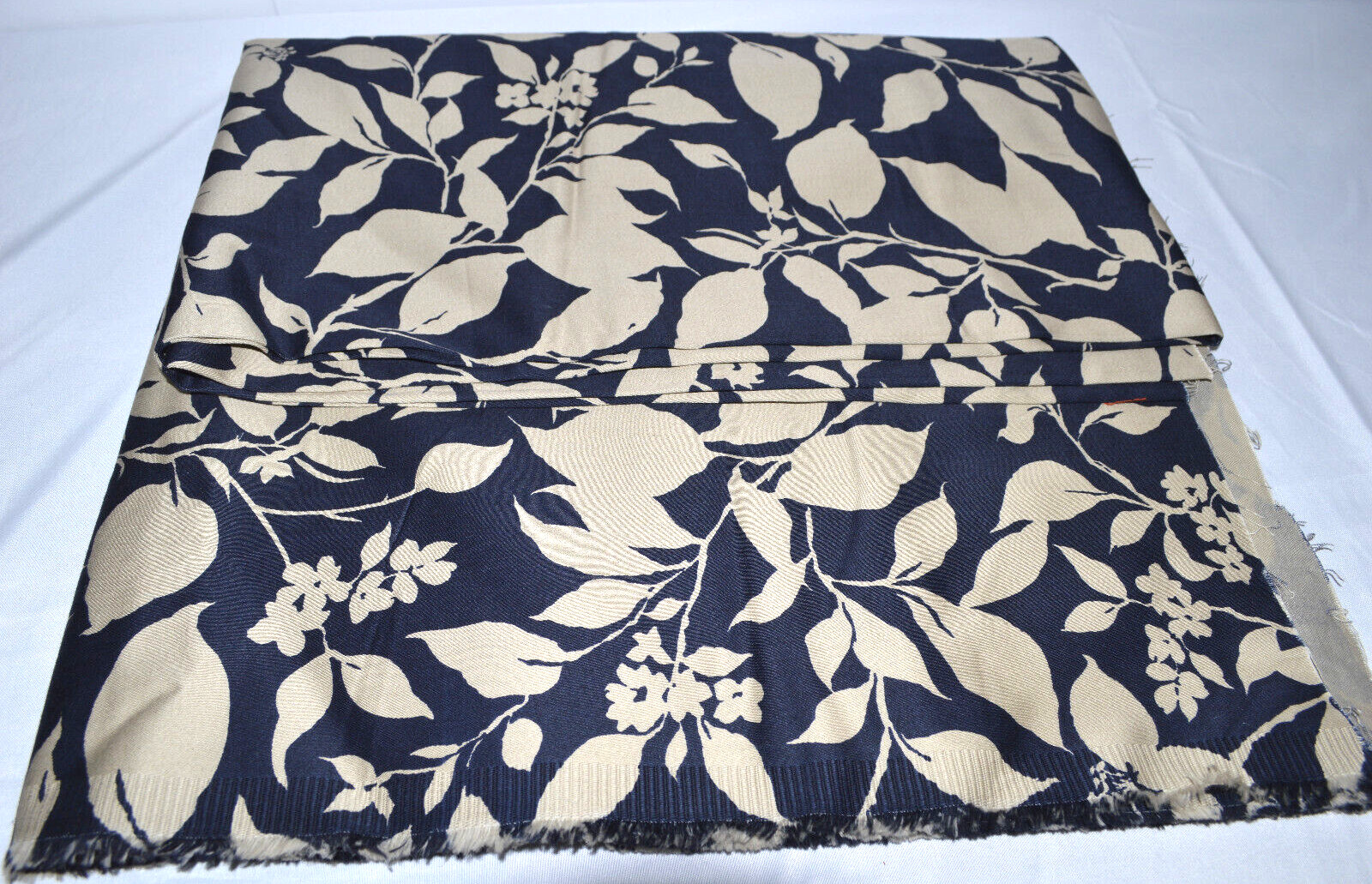 Vintage Deep Blue and Tan Floral and Leaf Print Fabric 50" x 64"