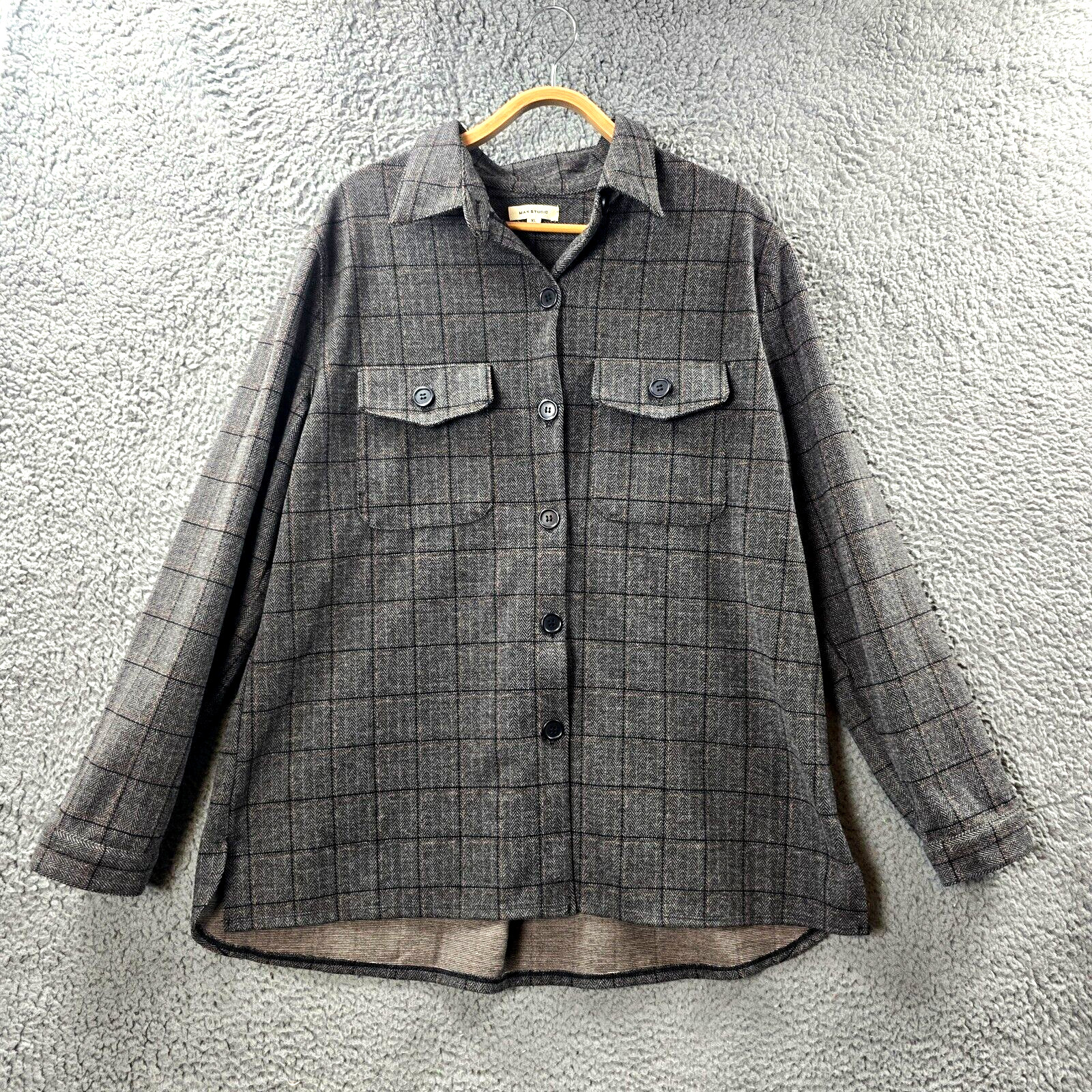 Max Studio Womens Shirt Style Jacket Size XL Grey Tan Check Stretch Knit Collar