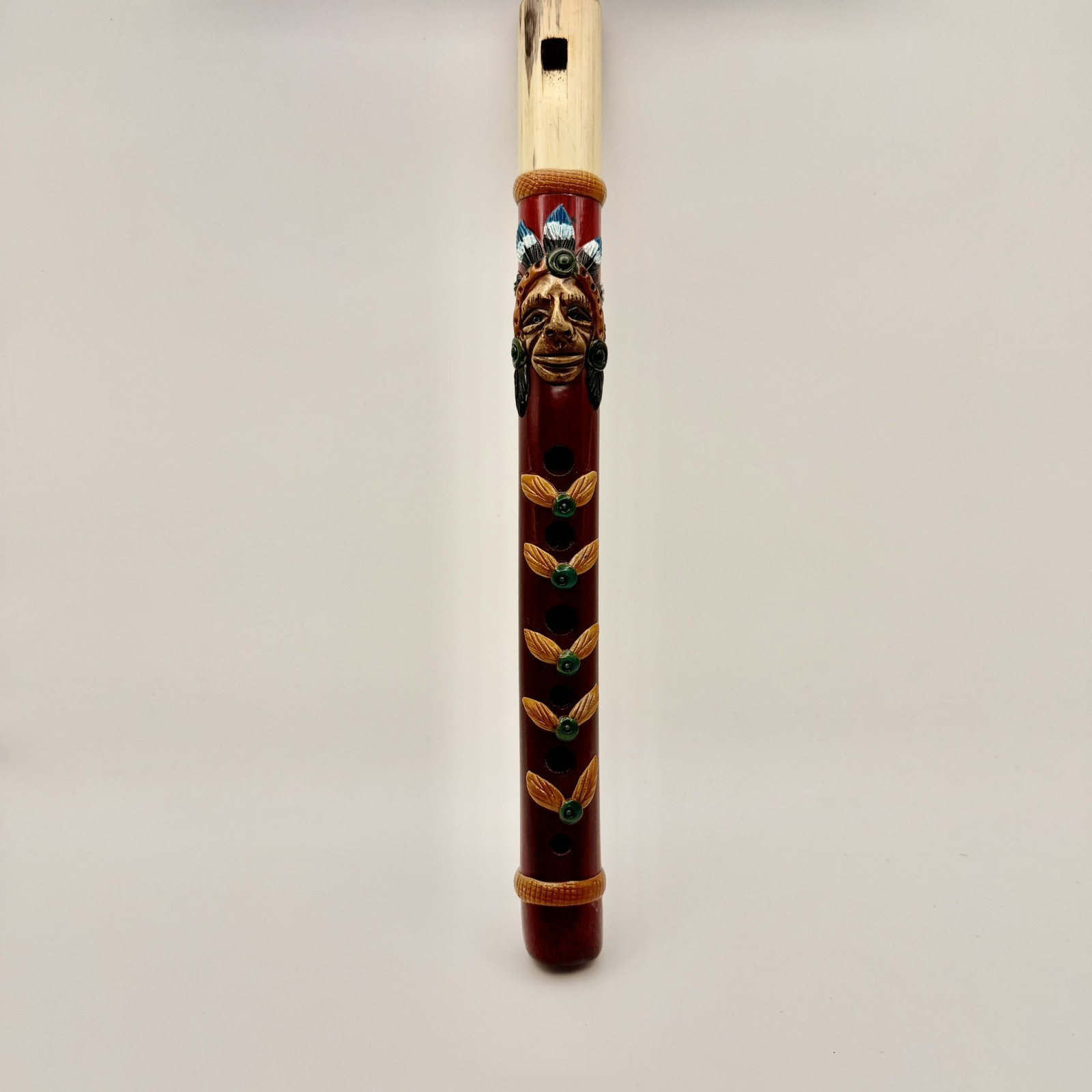 Hand-Carved Painted Wooden 10" Playable Recorder Flute 6-Hole Folk Art Indian