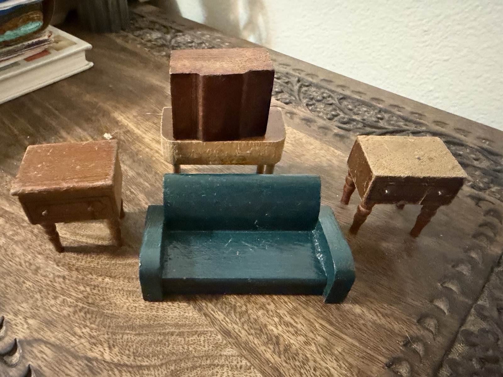 Vintage Wooden Dollhouse Furniture Lot – Sofa, Cabinets, Tables – 1:12 Miniature