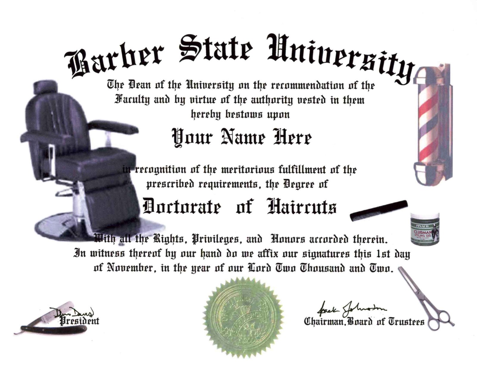 BARBER Lover's Doctorate Diploma / Degree Custom made and Designed for YOU
