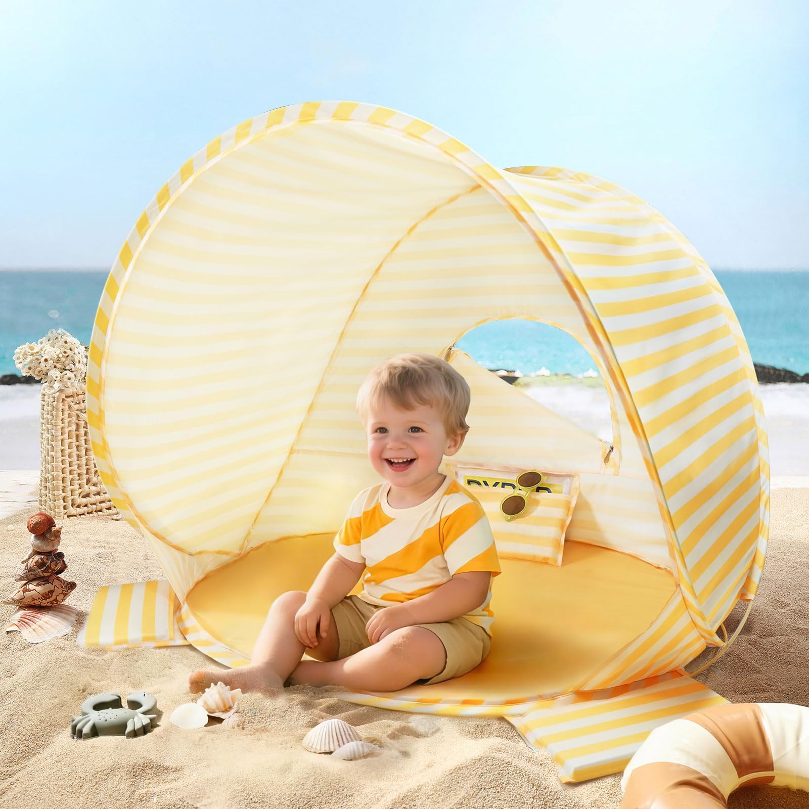 Tiny Land Baby Beach Tent – Pop Up 35.4"x27.6"x31.5", Pastel Yellow Stripes 
