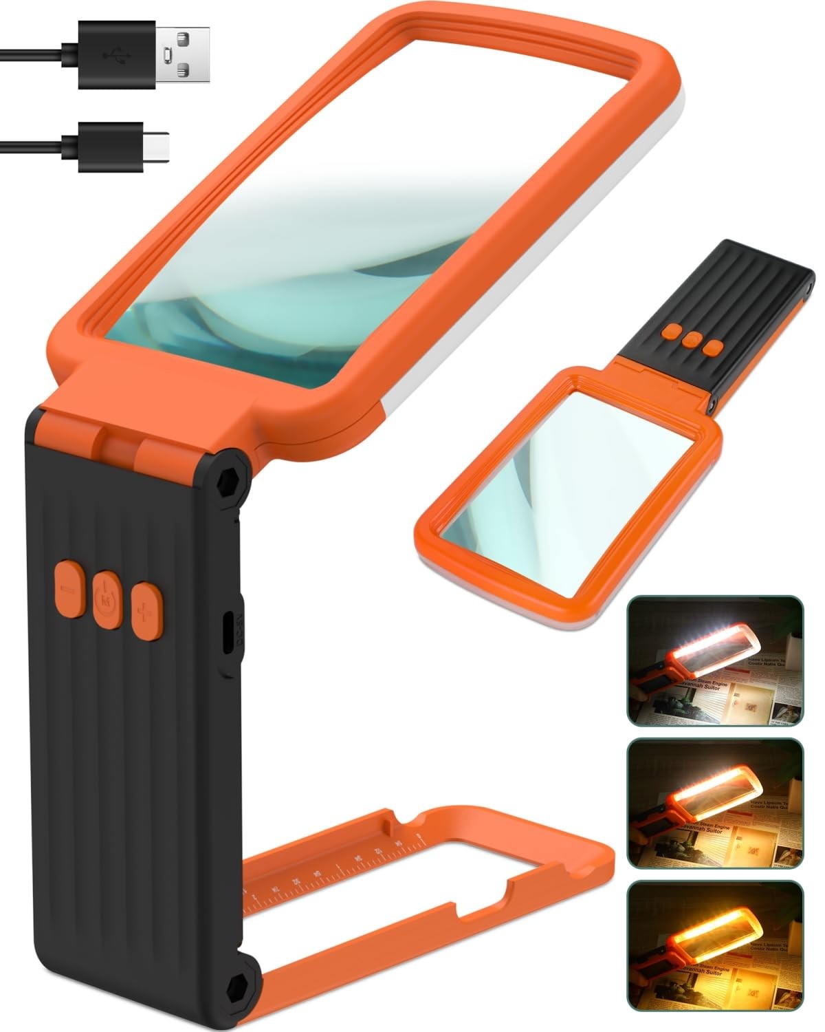 15X Magnifying Glass with Light and Stand, Rechargeable 15X, Orange-back 