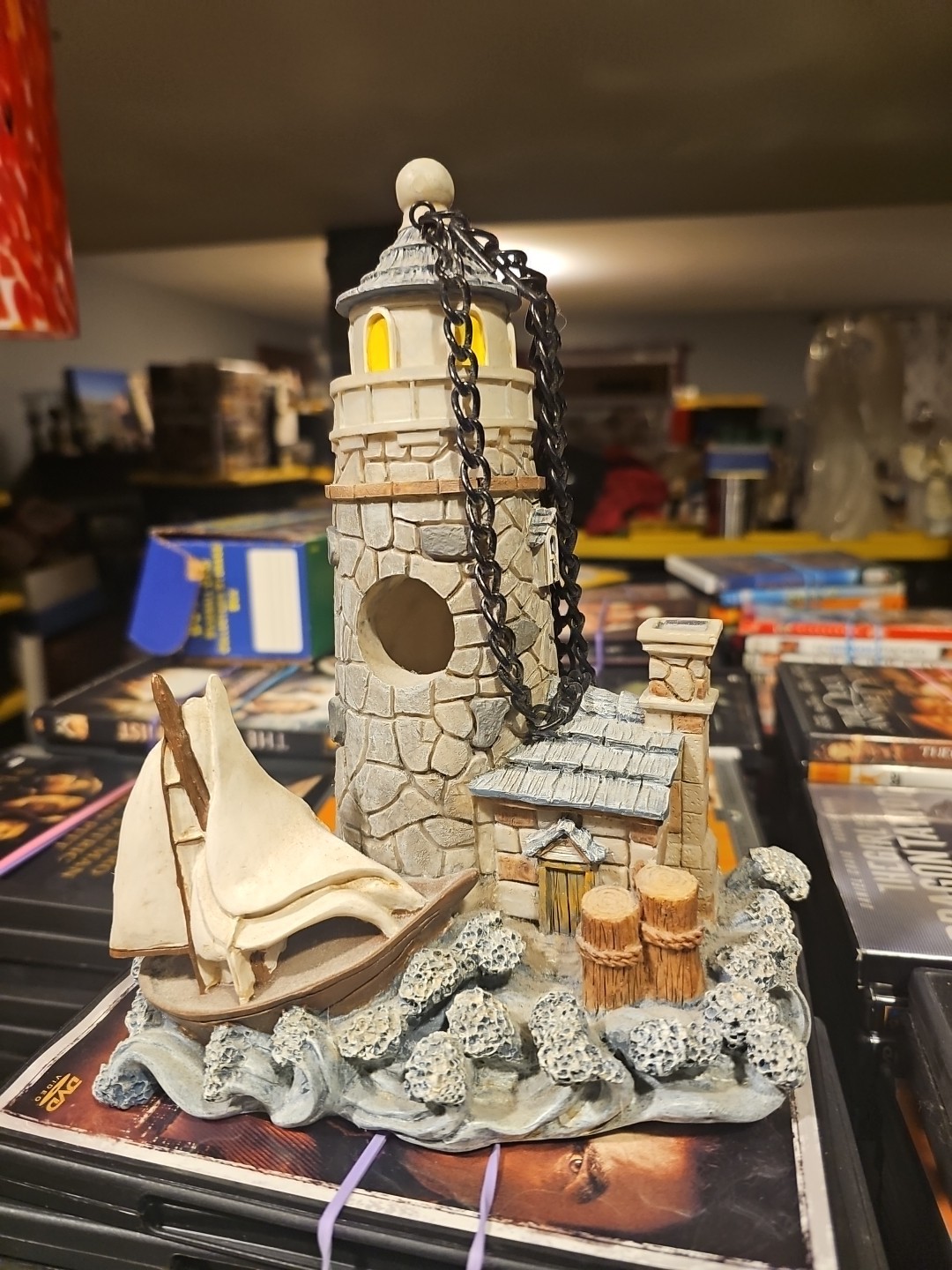 Graystone Lighthouse Sailboat And Waves With Hanging Chain