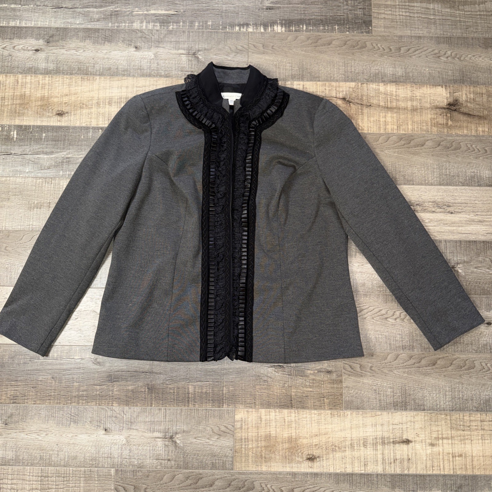 Coldwater Creek Sz 18 Gray Ponte Knit Ruffle Lace Mandarin Collar Jacket Women🔥