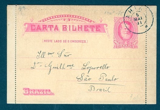 BRAZIL 1889 80 REIS LETTER CARD INTERNAL