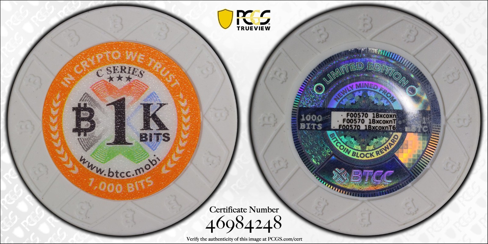2016 BTCC Mint 1K Bits White Chip Physical Bitcoin 0.001 BTC PCGS MS-69