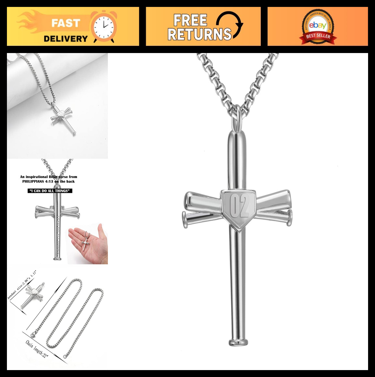 Stainless Steel Cross Necklace for Men & Women - Baseball Bat Pendant Jewelry Gi