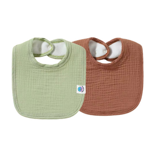 Set of 2 Muslin Drool Bibs 100% Soft Cotton With Backing 1 Green and 1 Nutmeg