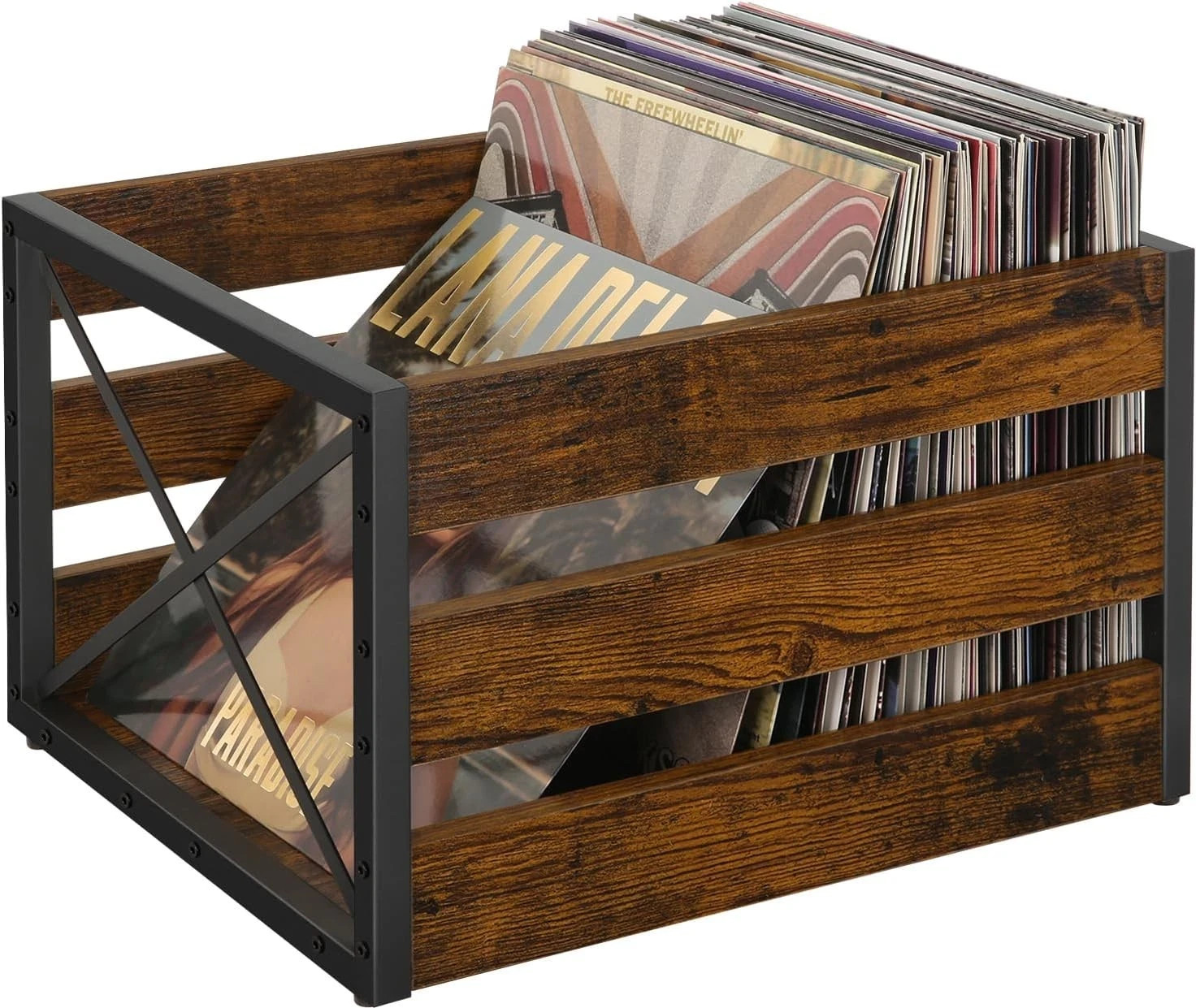  Vinyl Record Storage, Large LP Vinyl Record Storage Crate, Metal & Wooden 
