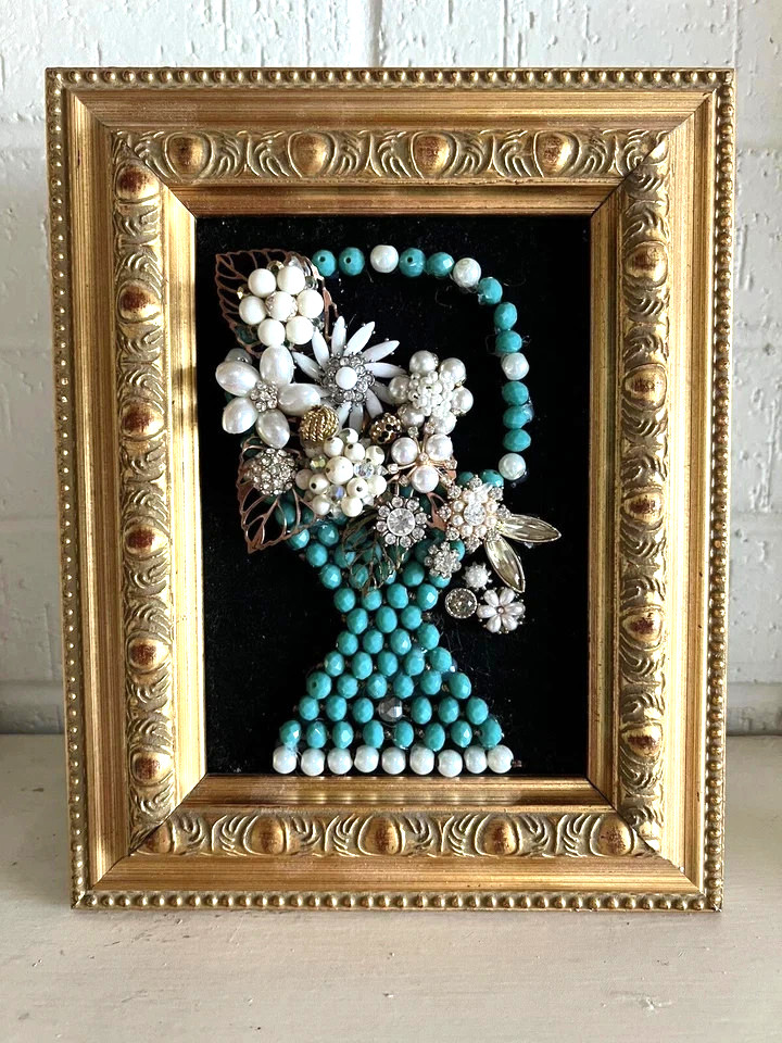 Vintage Contemporary jewelry art framed OOAK handmade shabby chic cottagecore