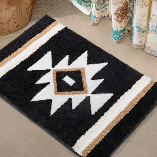 Bathroom Rugs Boho Bath Mat Non Slip Black Aztec Bath Rug, Soft Absorbent 