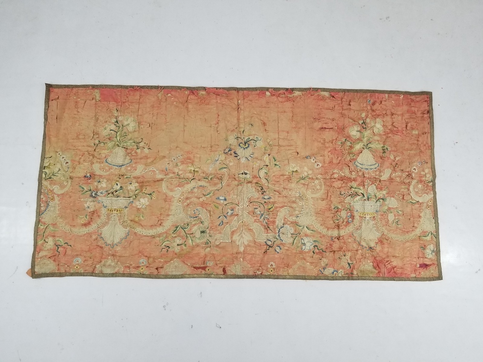 Antique French Silk Embroidered Floral & Birds Tapestry 163x80cm