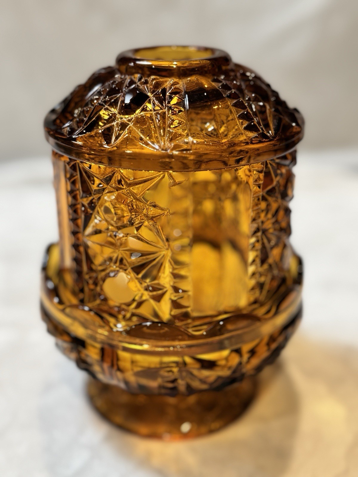 Indiana Glass Amber Stars and Bars Fairy Lamp Vintage, 6.5"