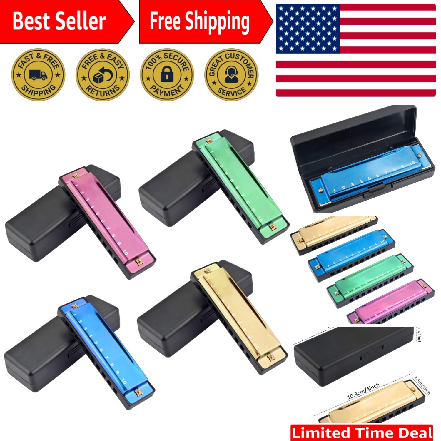 4PCS Key of C 10 Hole Harmonica Set in Vibrant Colors - Ideal for Beginners
