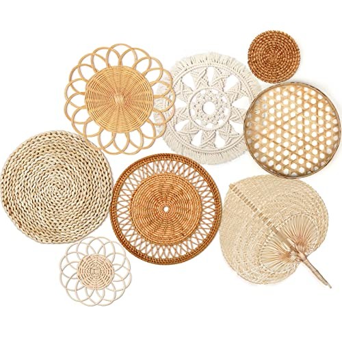  8 Sets Boho Wall Basket Decor Woven Rattan Flat Baskets Round Handmade Wicker 