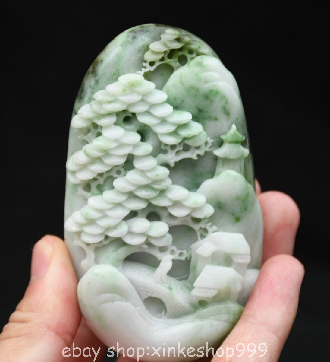 4" Chinese Natural Dushan Jade Carving Fengshui Mountain Tree People Pendant