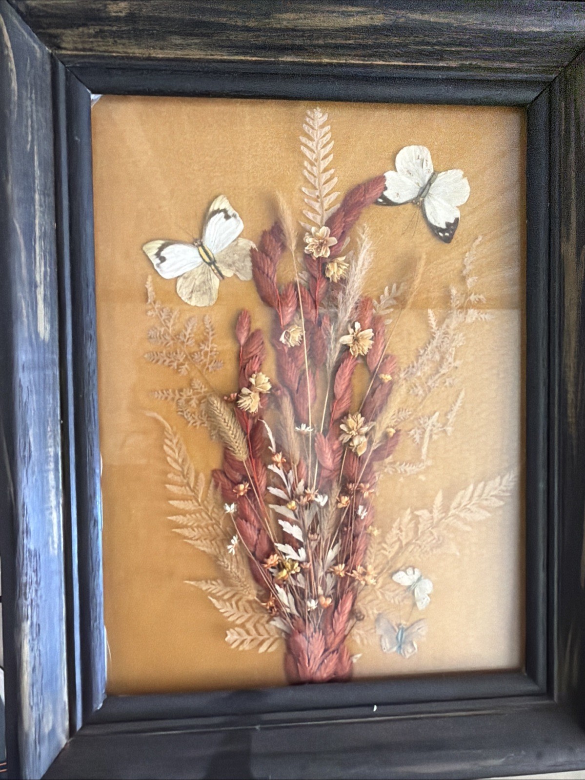 Butterfly & Dried Flowers Wall Art In Gold Aluminum Frame Nature Vintage