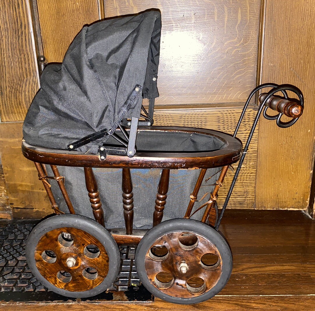 Vintage Antique Baby Doll Pram Stroller Carriage Buggy Wood Metal