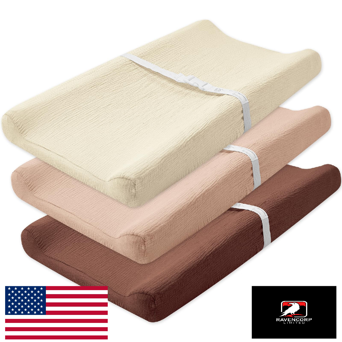 SNOOZYNEST 3PK Muslin Changing Pad Cover Solid Breathable Double Layer Boho