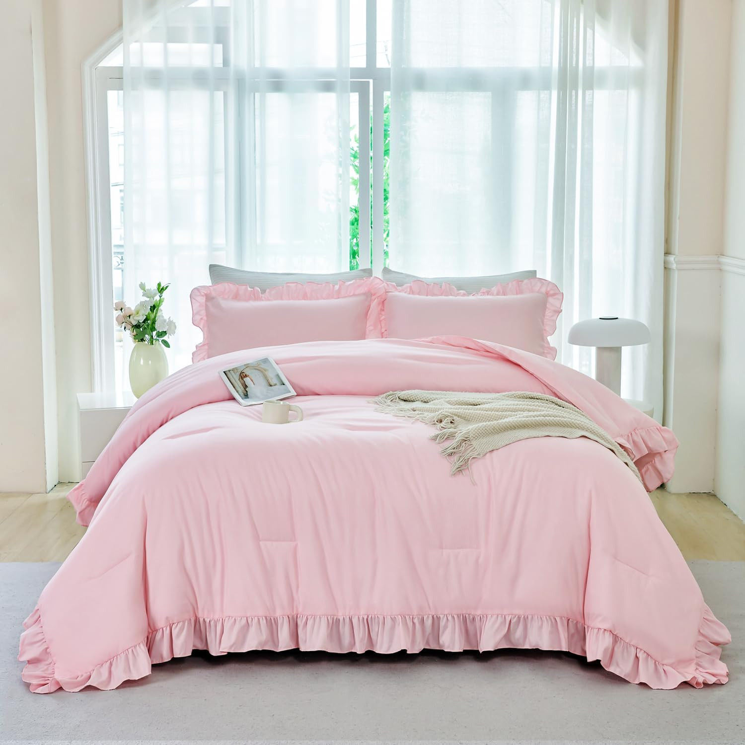 5 Pieces Pink Twin Size Comforter Set for Girls Ruffled Kids Bed in a Bag with S