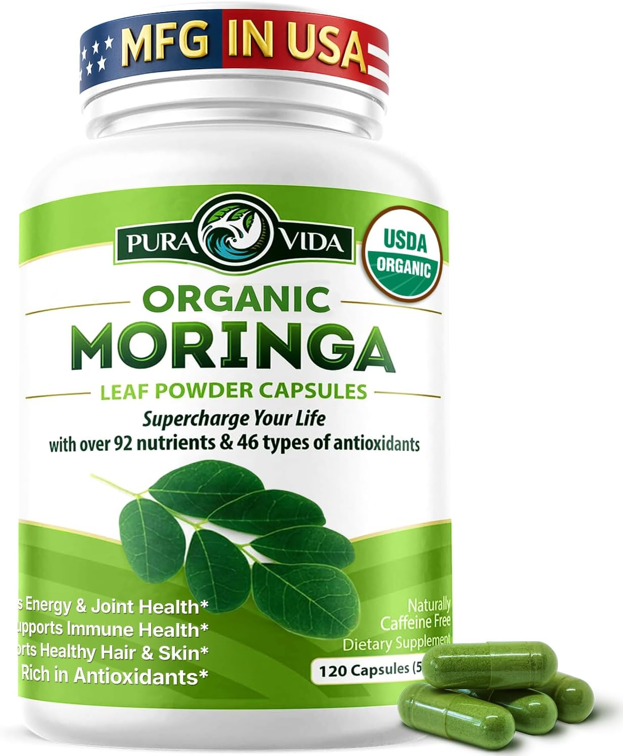 Organic Moringa Capsules, Pure Moringa Leaf Powder Single Origin for Energy, Met