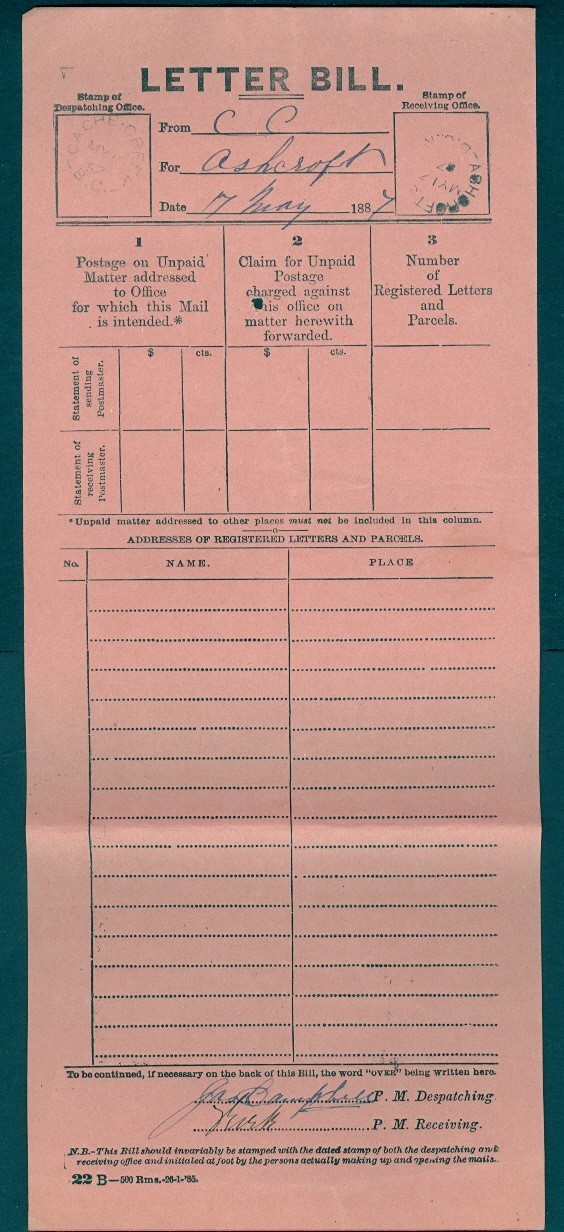 CANADA CACHE CREEK BC 1887 LETTER BILL