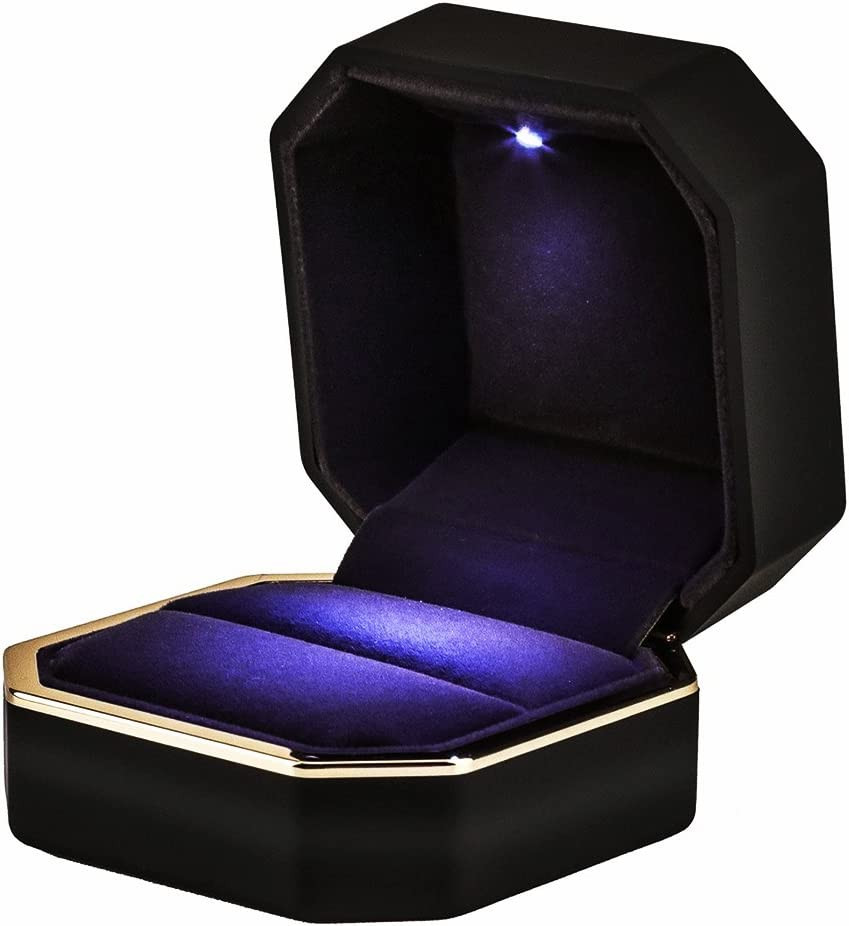 Luxury Ring Box, Square Velvet Wedding Ring Case Jewelry Gift Box with LED Light
