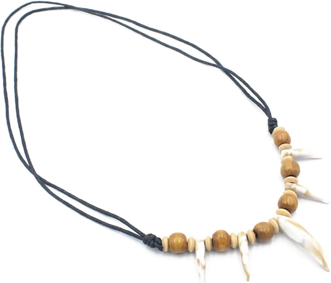 Tribal Acrylic Wolf Tooth Necklace Ethnic Style Handmade Stone Woody Beaded Resi
