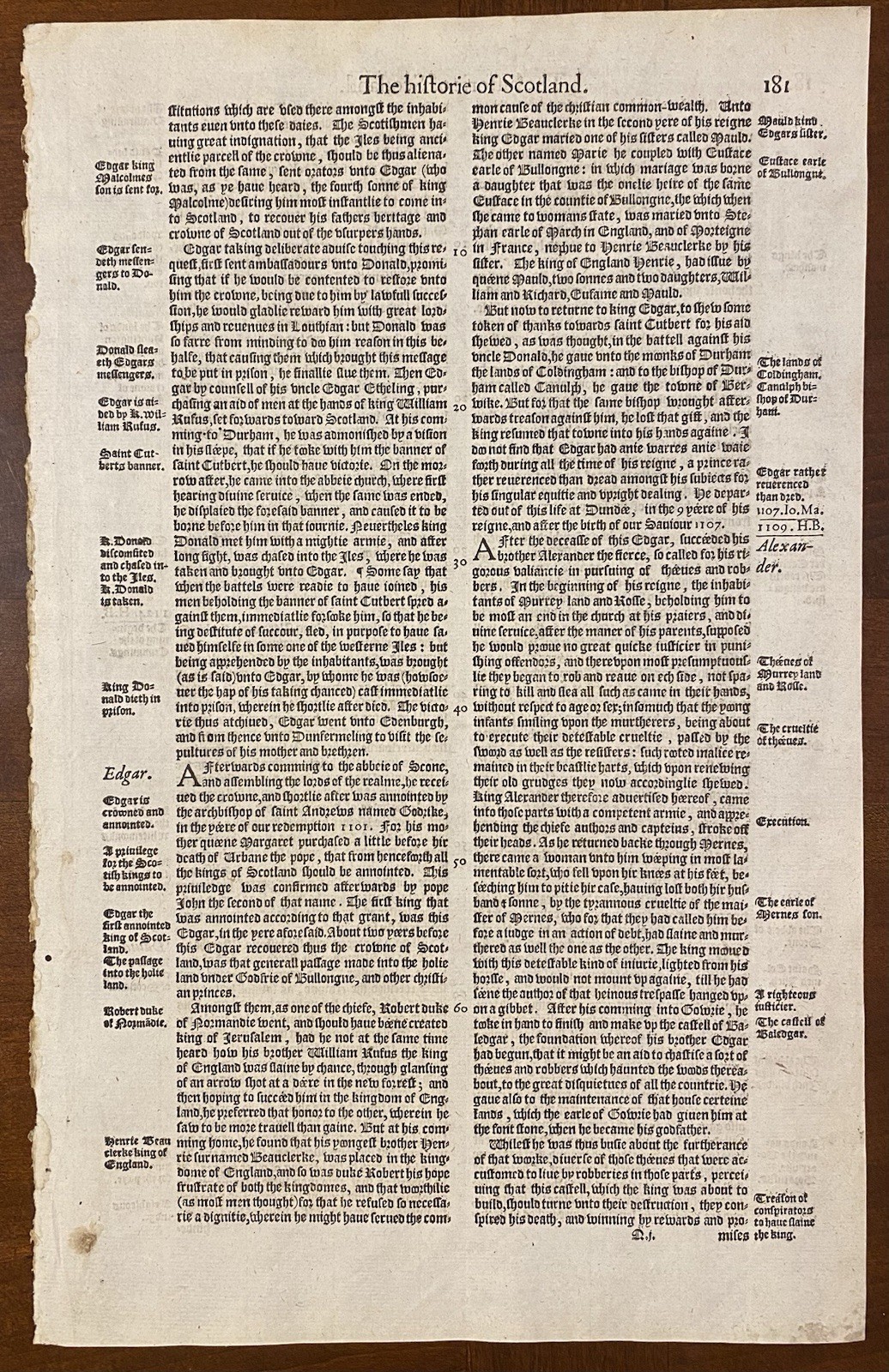 Leaf from Holinshead's Chronicles 1587 History of Scotland in 1100s w/COA