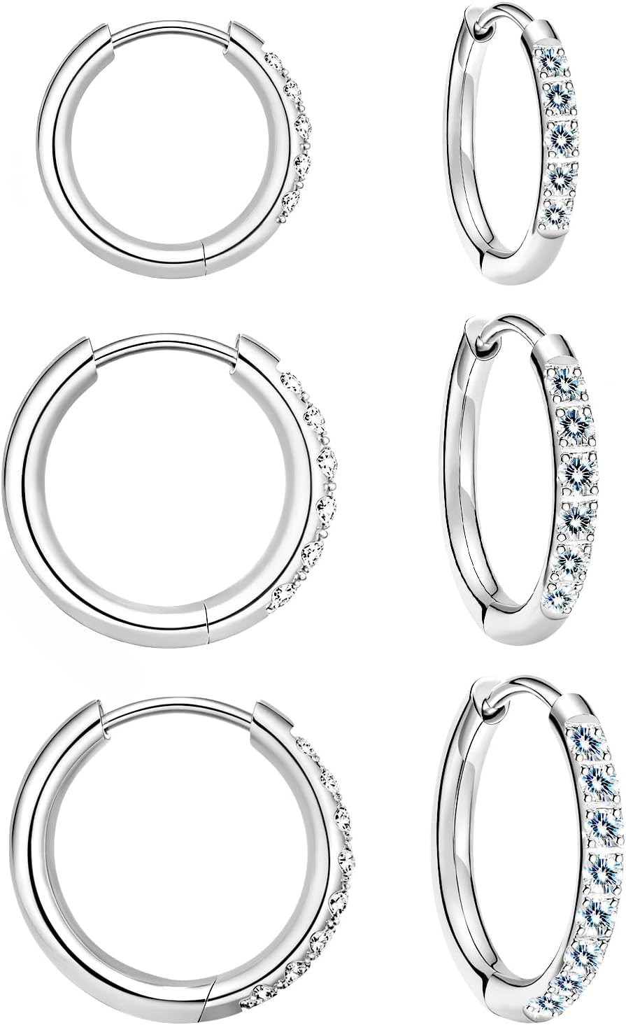Moissanite Titanium Huggie Hoop Earrings for Women, 3 Pairs Set Hypoallergenic 1