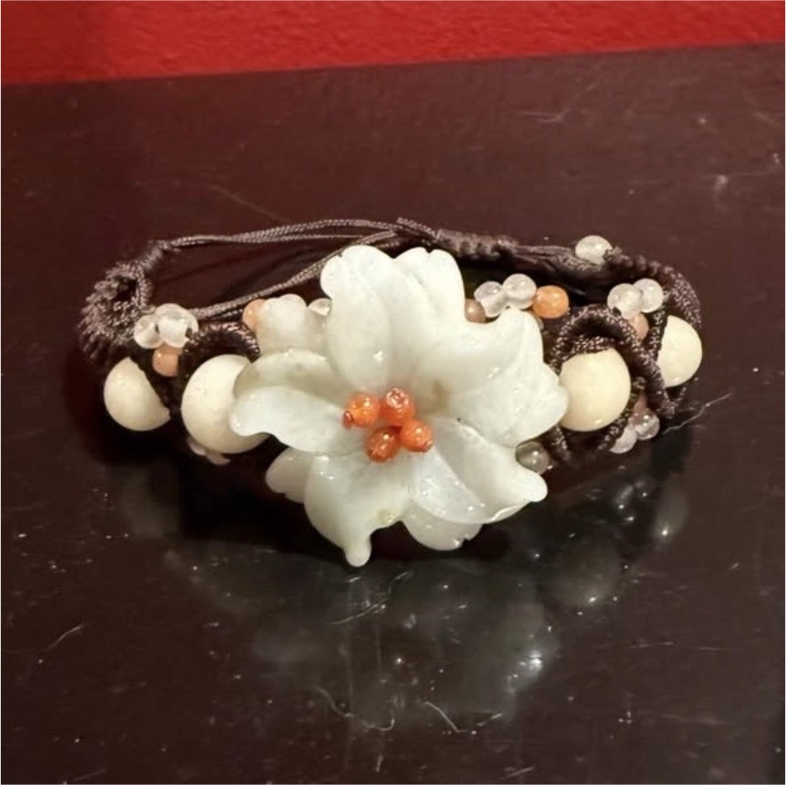 Jade Flower Bead Adjustable Cord Bracelet with Dangle Charm, Brown White Orange