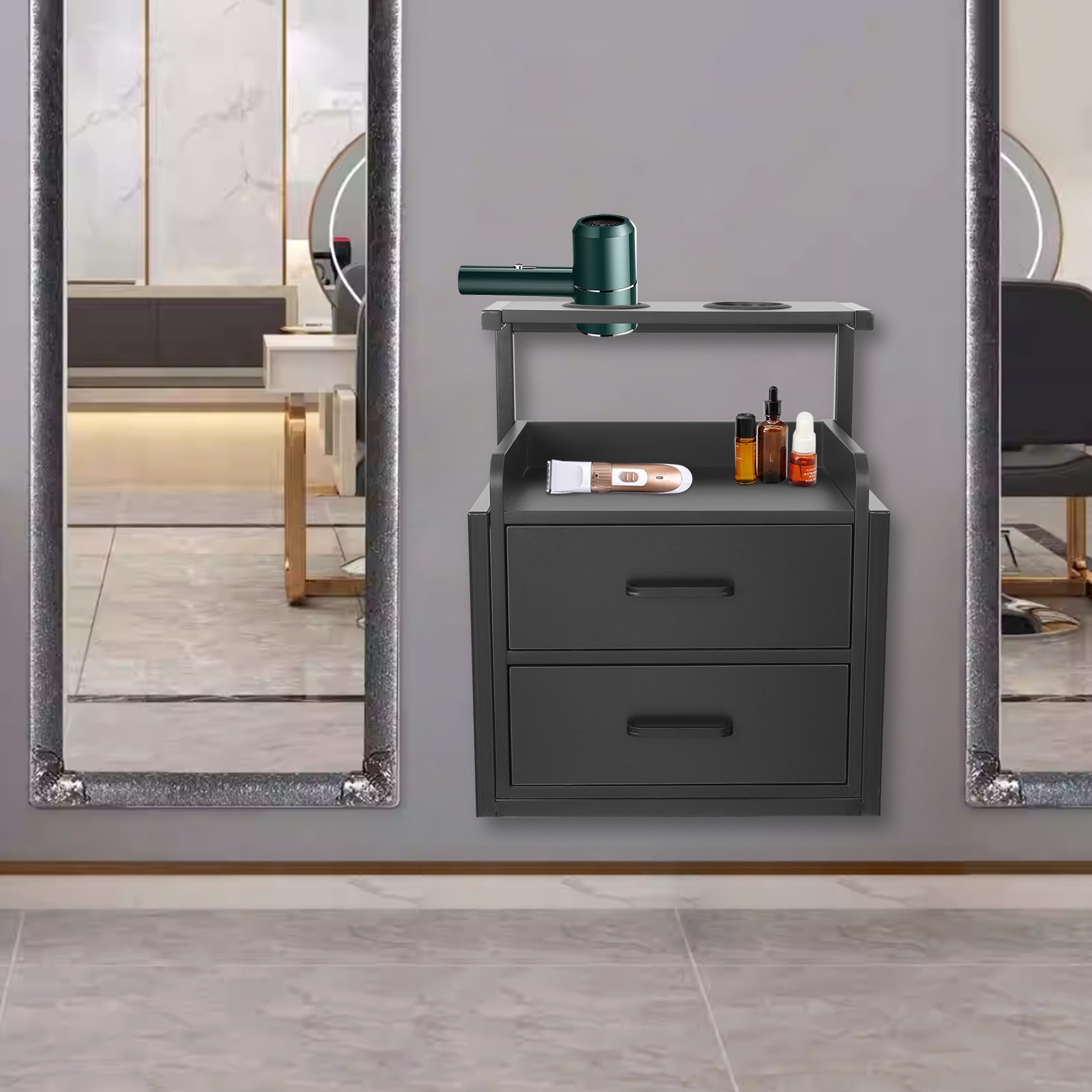 Wall-Mounted Salon Cabinet with 2 Drawers, Stylish Black Storage Solution