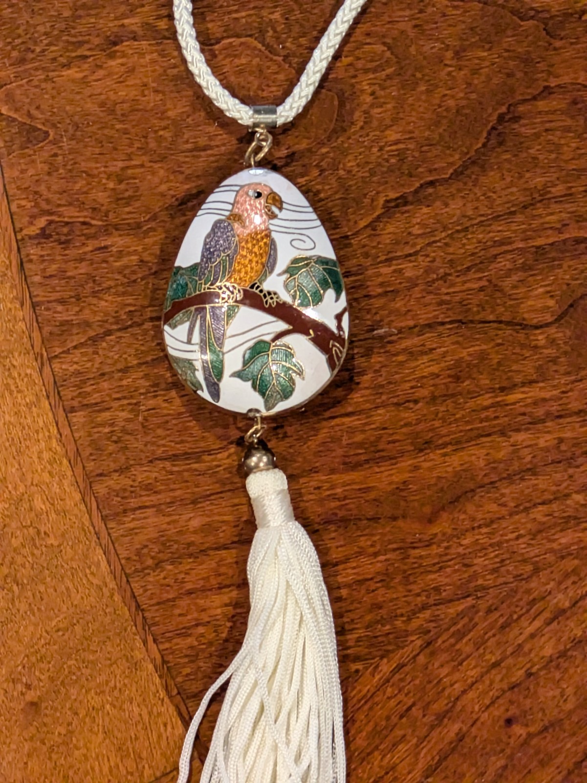 Vintage Cloisonne Enamel Pendant White Tassel Necklace Parrot Bird On A Branch