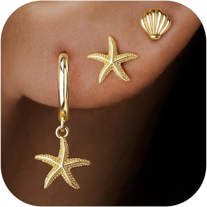 Seashell Starfish Dangle Stud Hoop Earrings 3 Pairs Set for Women, Gold Small Da