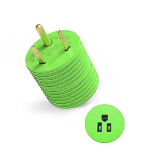 Green Camper/RV Plug Adapter, NEMA TT-30P to 5-15R Connection 30 Amp to 110 