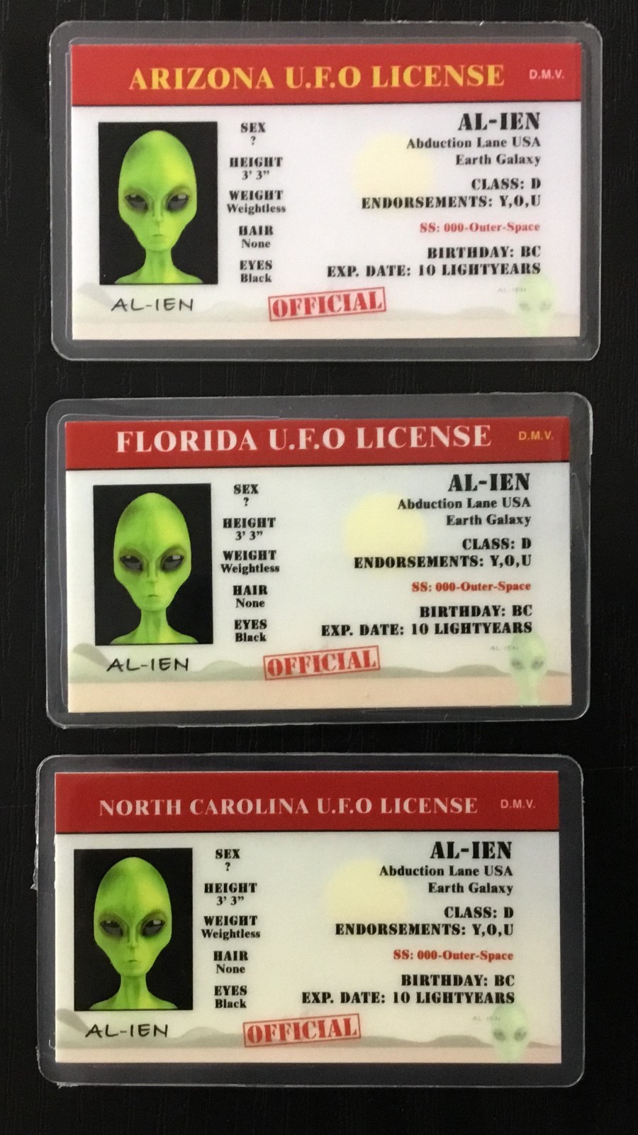Lot of 3 U.F.O Licenses North Carolina Arizona Florida AL-IEN Novelty Item